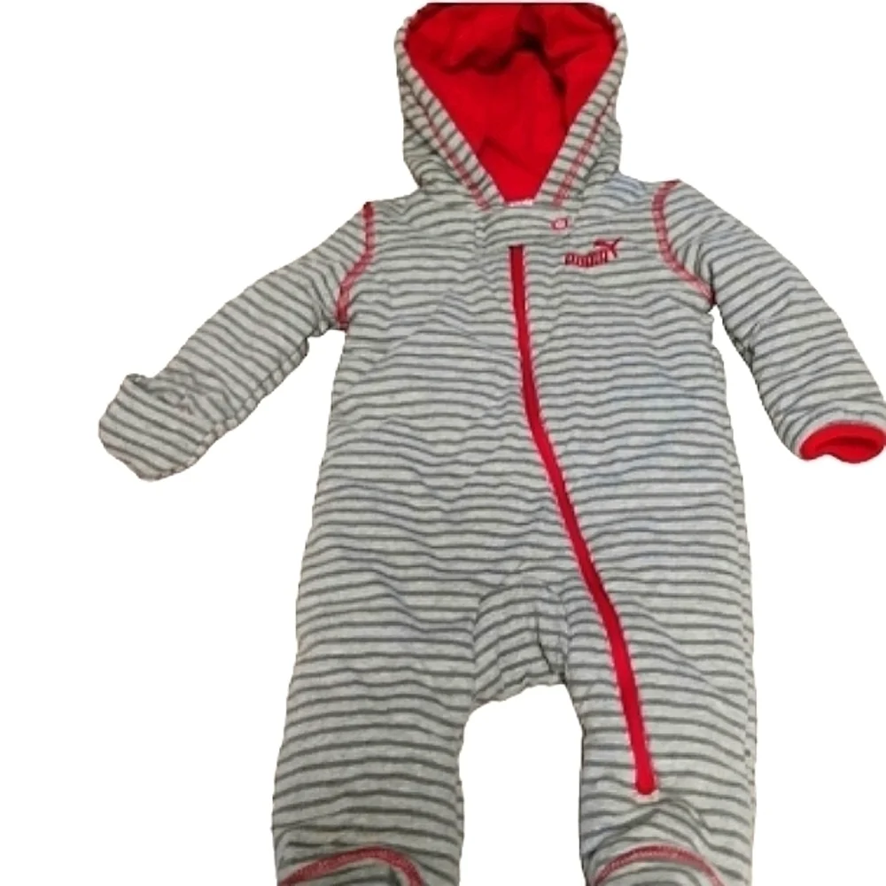 Puma Babies Hooded Grey Striped‎ Soft Cotton Jersey Bunting/Snowsuit Full Zip